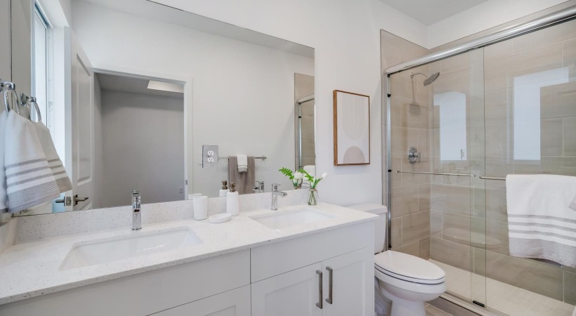 a bathroom with a glass shower